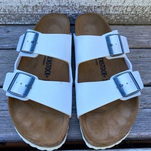 White Birkenstock sandals in a size 40